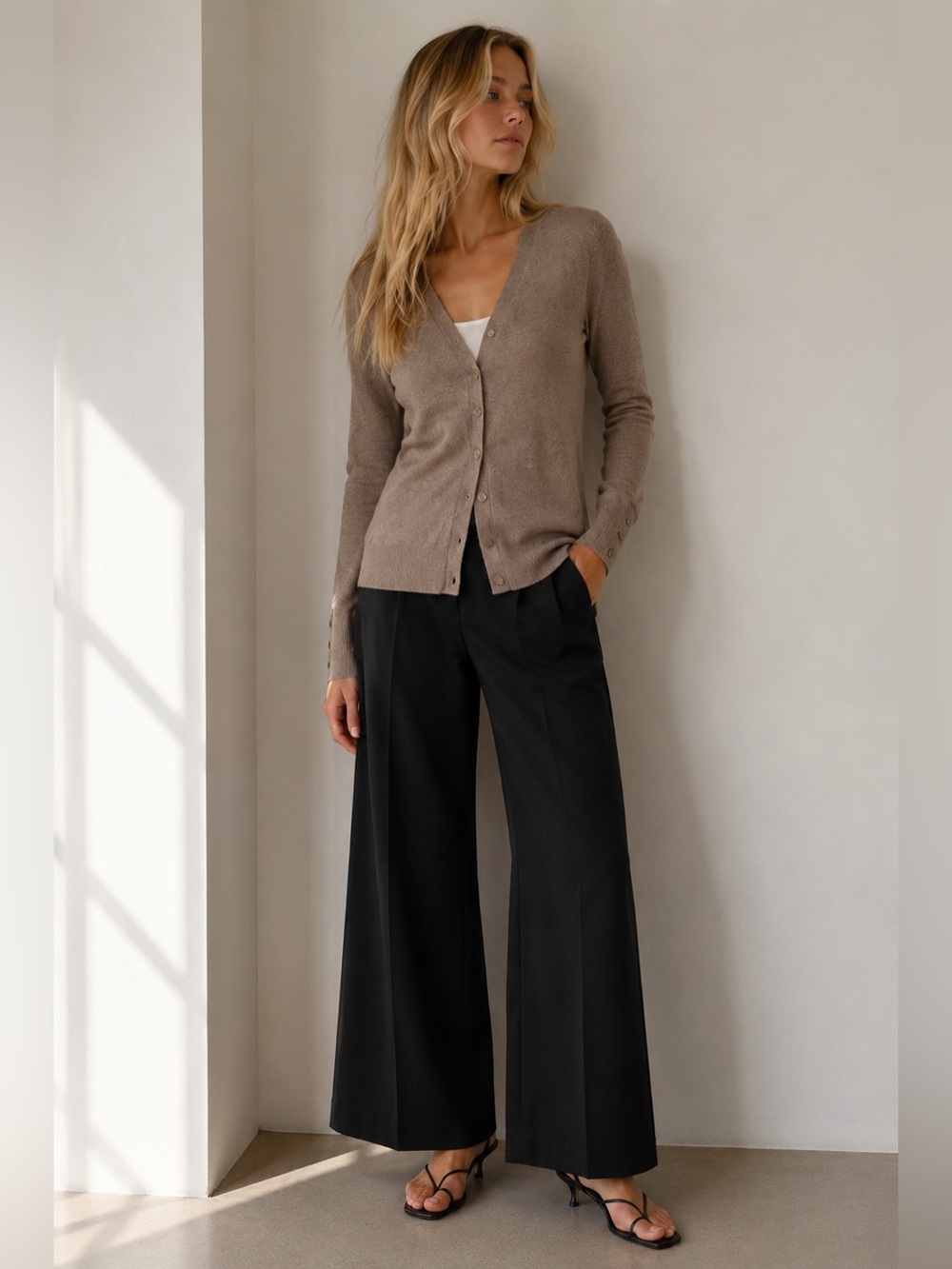 New York & Company Taupe Button Front Cardigan Quiet Luxury‎ Lightweight Sweater